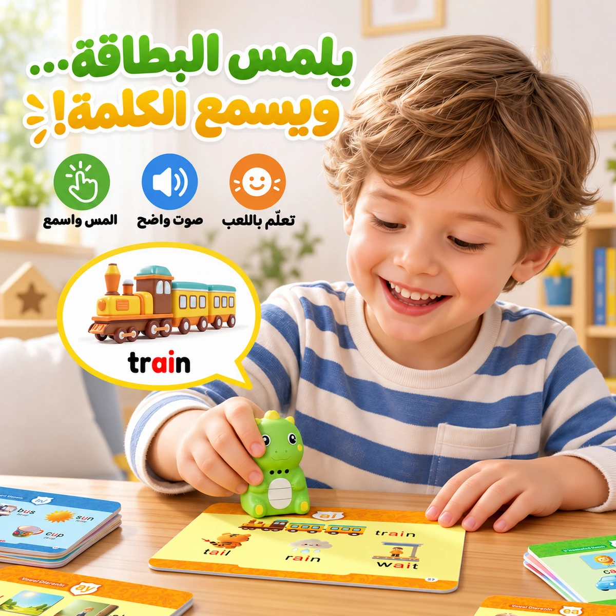 طفل يلمس بطاقة إنجليزية بديناصور DinoTalk